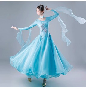 Red fuchsia aqua blue competition ballroom dance dresses for women girls waltz tango flowy foxtrot smooth dance long gown for female